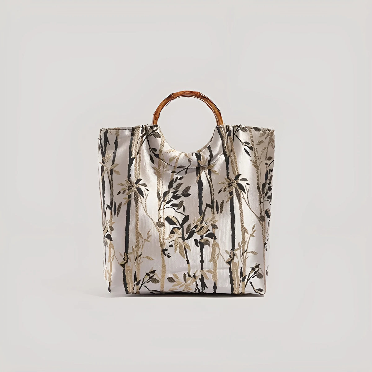 Beige canvas handbag with traditional ink bamboo print, square vertical shape, 26cm by 8cm by 28cm