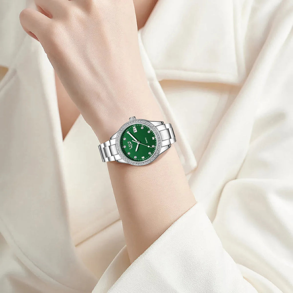 Women's silver fashion watch with diamond markers and luminous hands on stainless steel bracelet