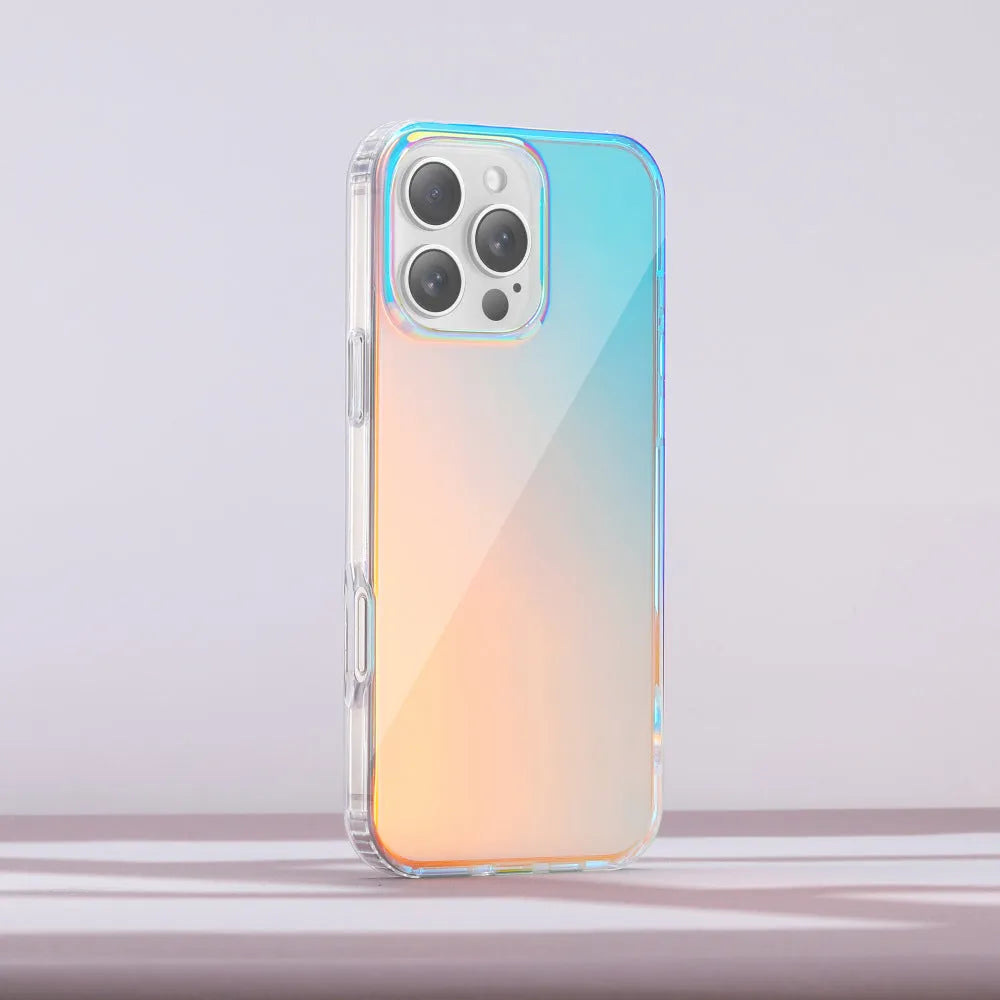 Glossy transparent magnetic iPhone case with chameleon colour-shift design on a smartphone.