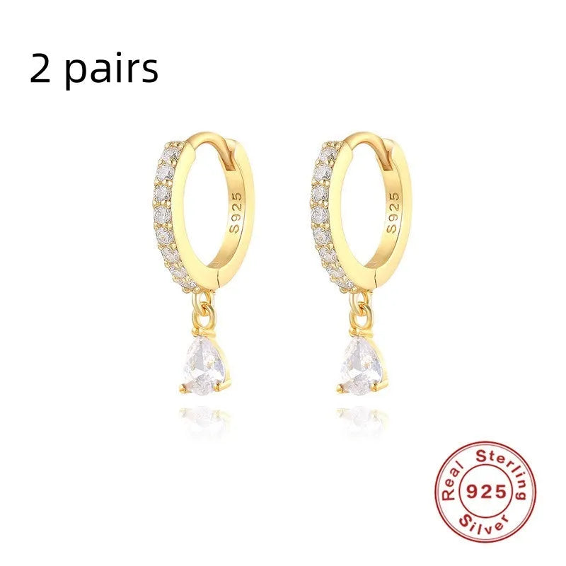 S925 sterling silver geometric water drop earrings with electroplated finish and stone accents