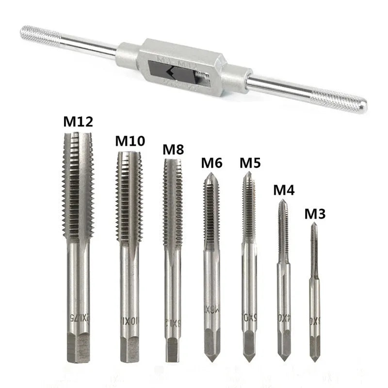 8-piece metric hand tap set M3 to M12 with hinge handle in plastic storage case