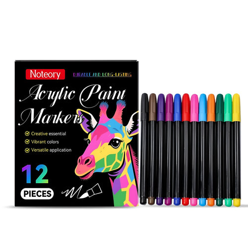 Set of 12 acrylic paint markers with assorted coloured barrels and dual tips for crafts.