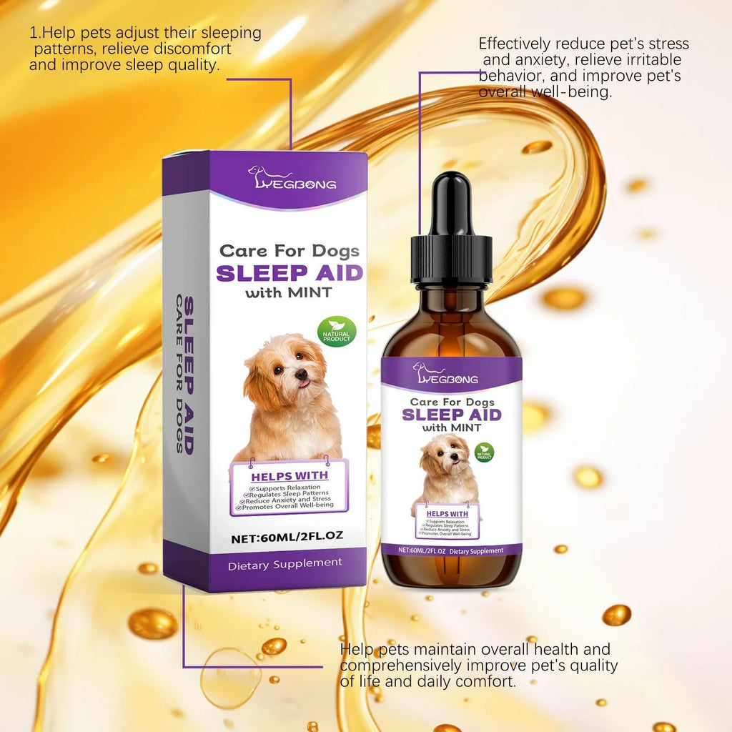 60ml bottle of Dog Sleep Drops for pets, measuring 3.3cm by 12cm.