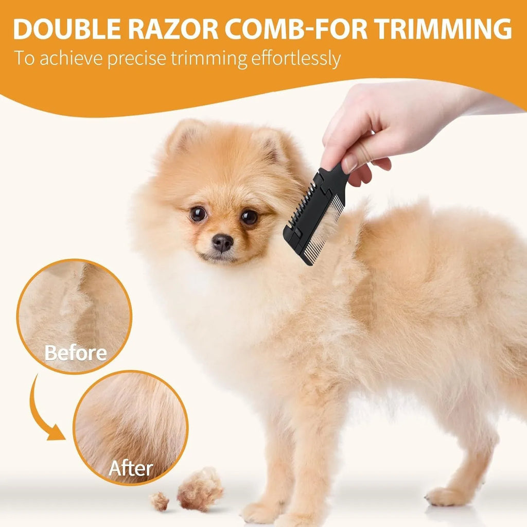 Stainless steel pet razor comb with detangling teeth and trimming blade, shown with spare blades.