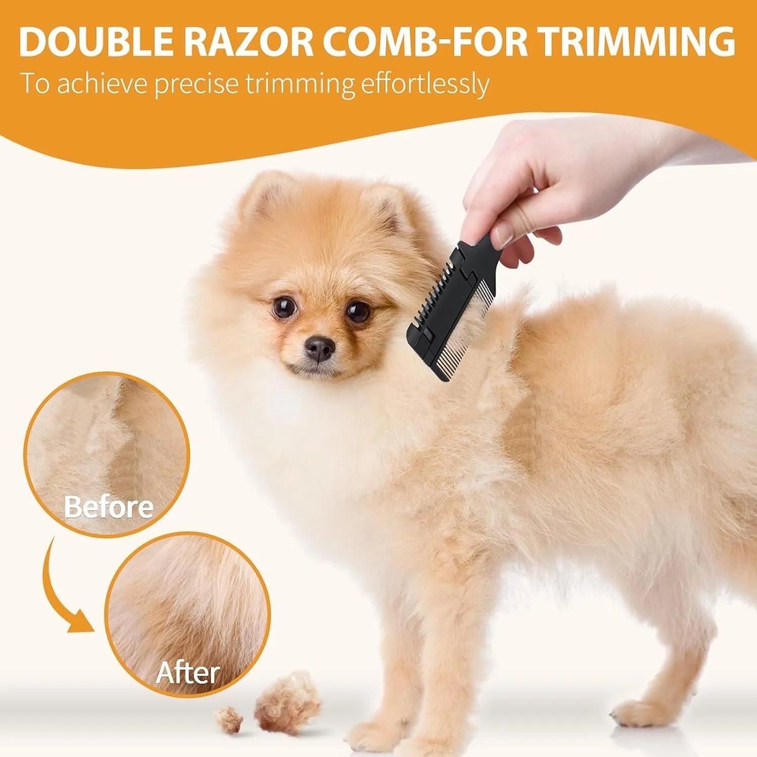 Stainless steel pet razor comb with detangling teeth and trimming blade, shown with spare blades.