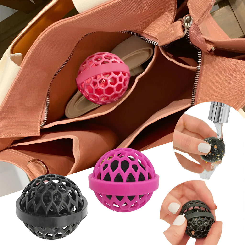Bag cleaning ball in pink, white, and black – reusable sticky cleaner for backpack and purse debris