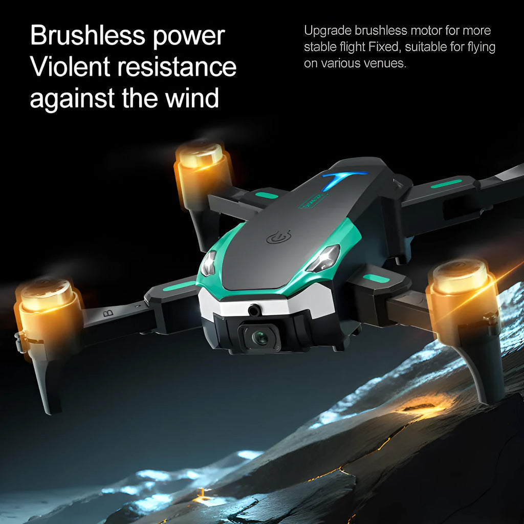 Black and yellow brushless drone with dual camera, optical flow positioning, and obstacle avoidance, under 30cm