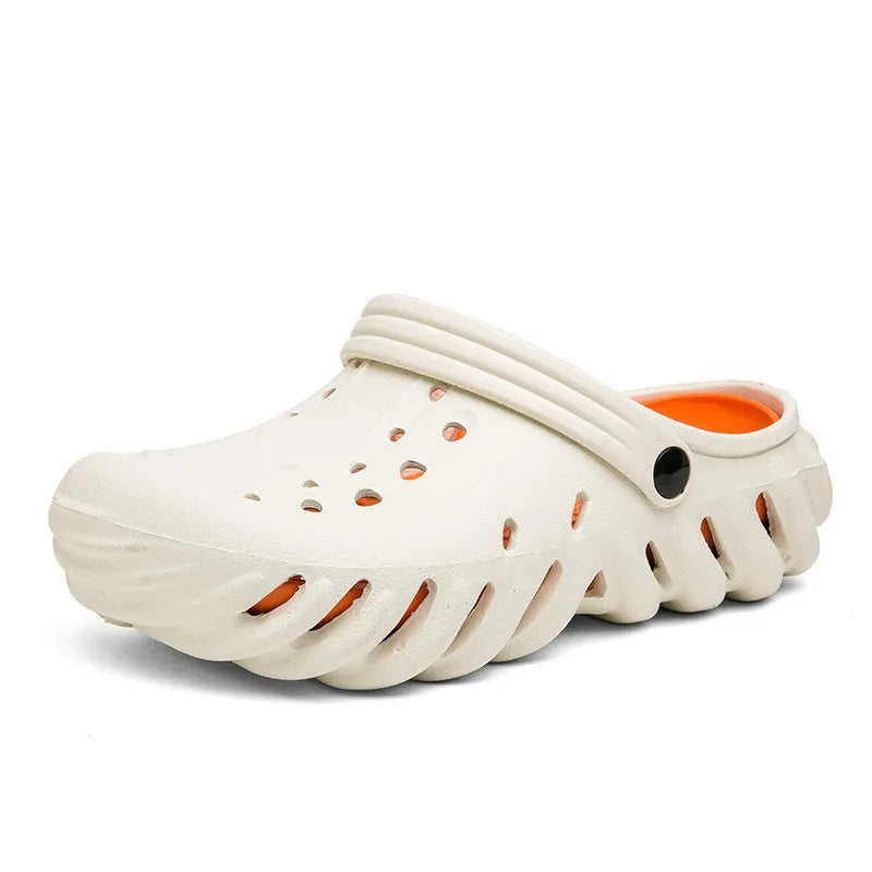 Men's beige EVA slipper sandals with hollow-out holes and round-toe design for outdoor wear