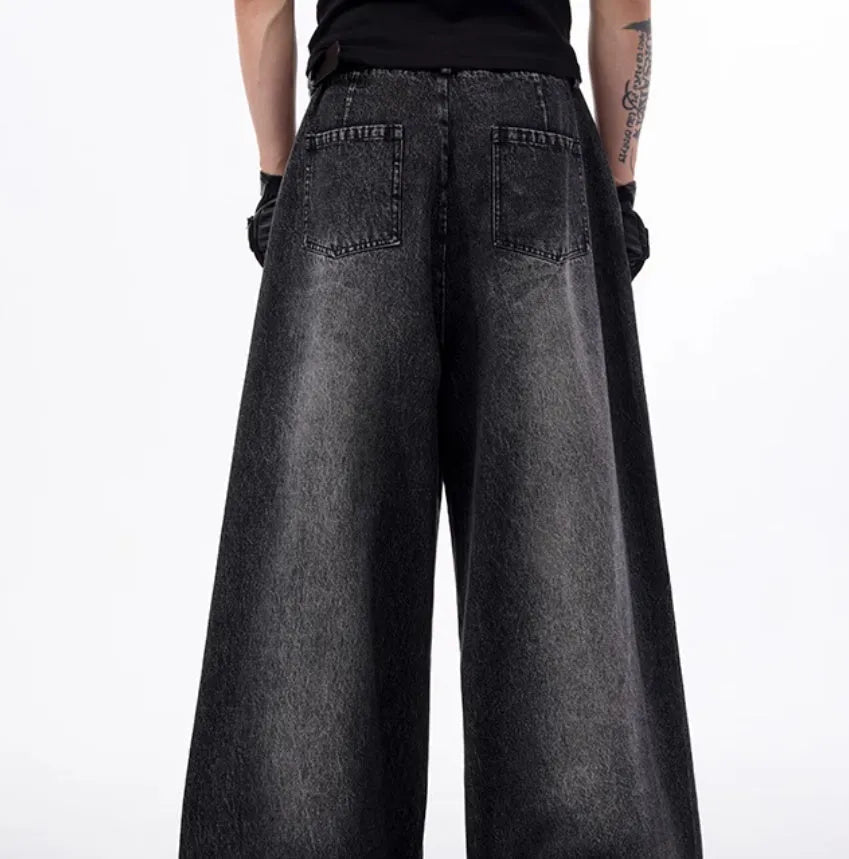 Black and grey structured zipper wide leg pants with washed denim fabric Korean style