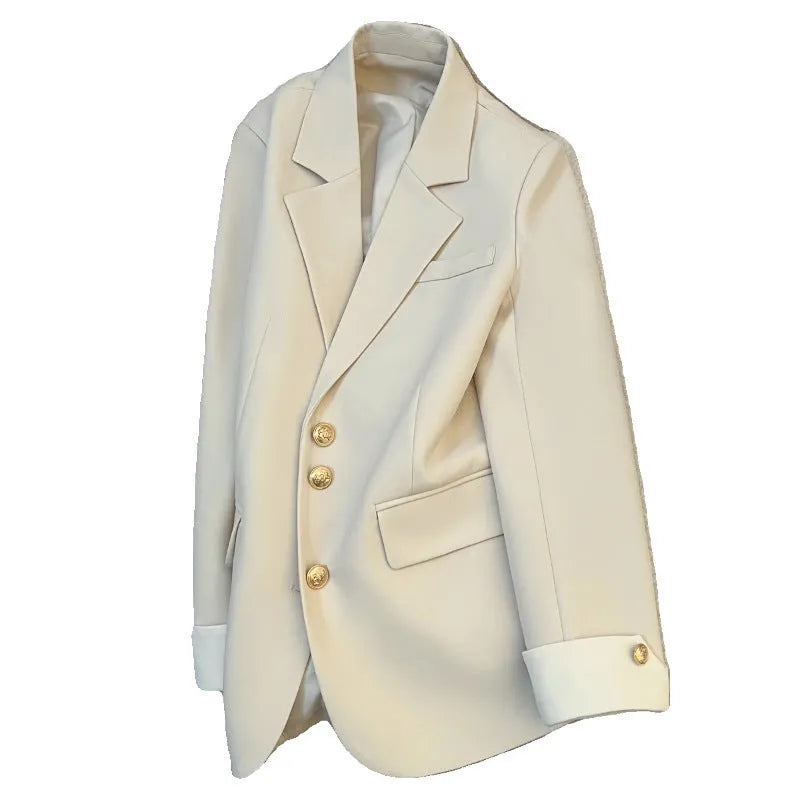 Women's Korean style loose fit polyester coat in milky white with pockets
