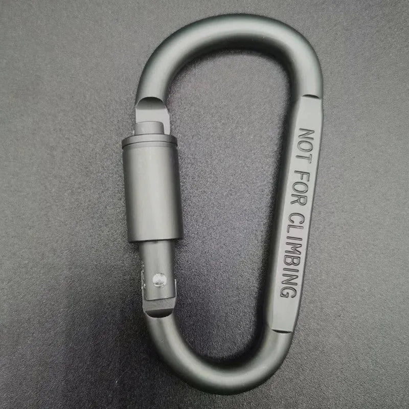 Silver D-shaped aluminium locking carabiner with an 8cm profile on a grey background.