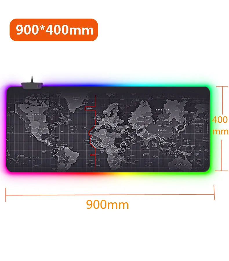 Large RGB luminous gaming mouse pad with colourful waterproof cloth surface on desk with keyboard and mouse