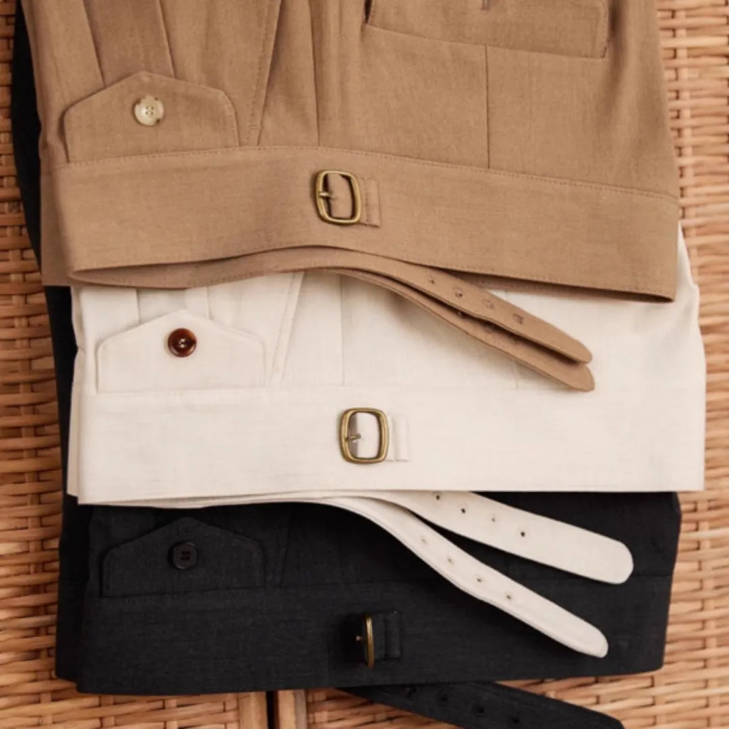 Men's slim fit straight leg business trousers in dark grey, light brown, or light apricot colours.