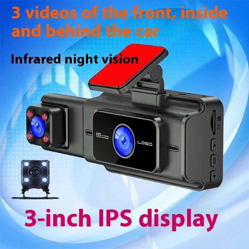 Black triple-lens dashboard camera with 3.0 inch screen for vehicle installation