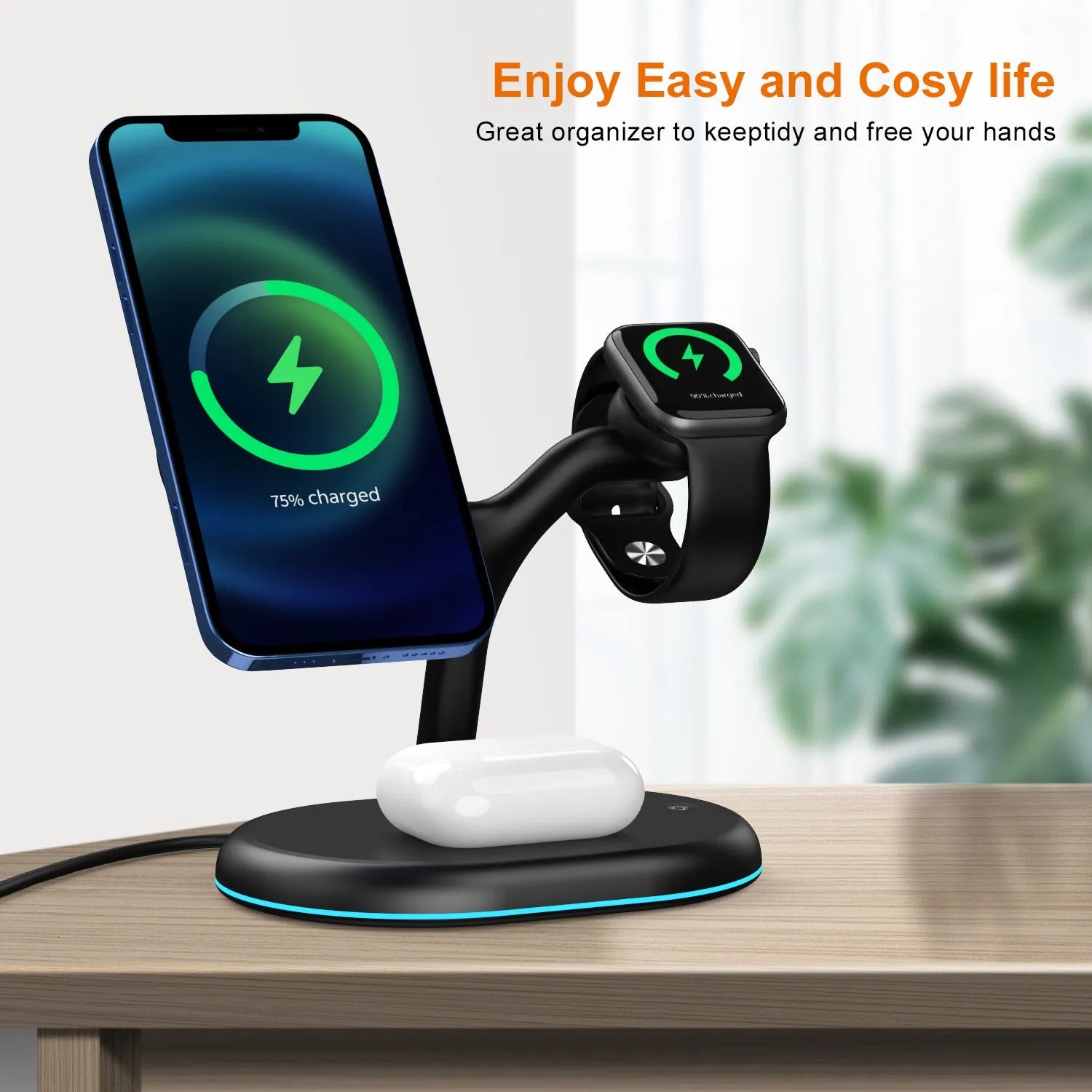 Black three-in-one magnetic wireless charger for iPhone and AirPods showing charging pad and magnetic ring.