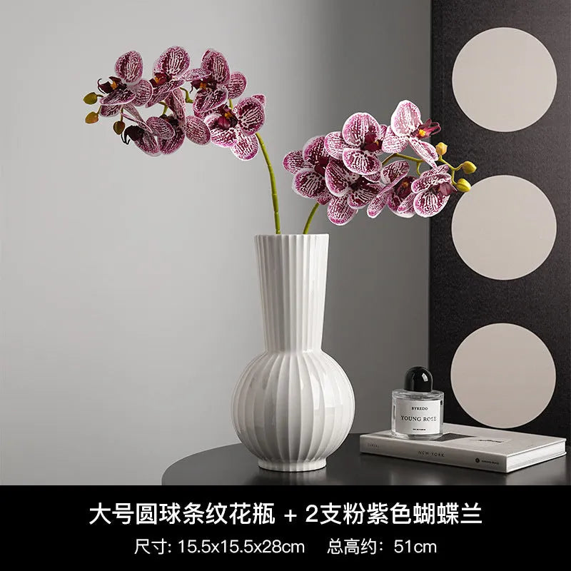 White ceramic ball striped vase in American country style with optional artificial orchid arrangements