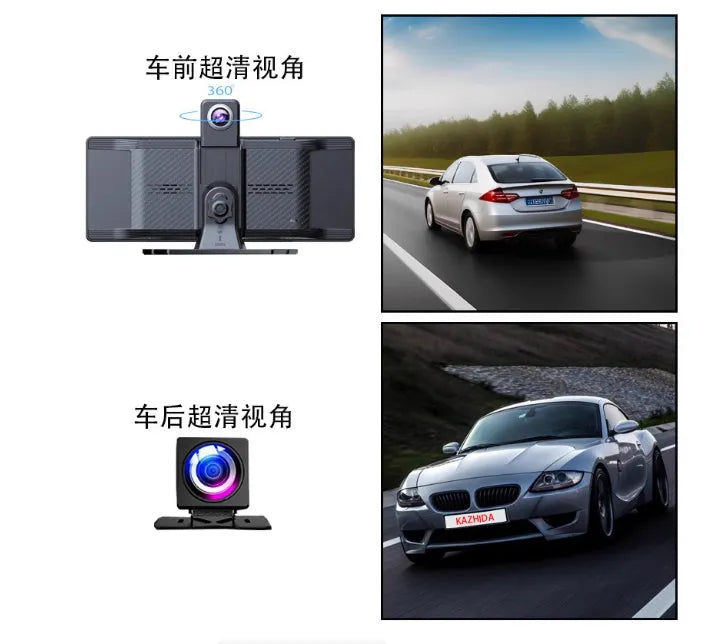 360° panoramic dash cam with 4MP touchscreen for front and rear dual recording in a car