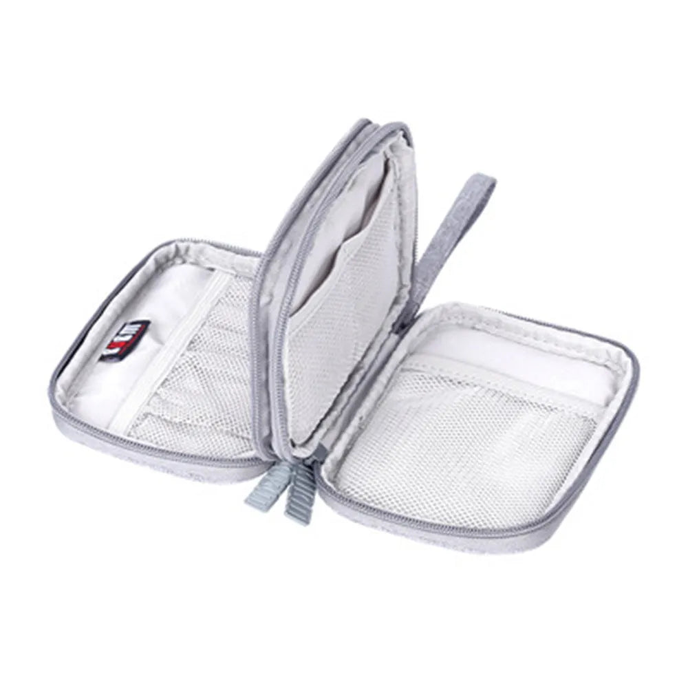 Polyester mobile hard disk storage bag in grey holds a 2.5-inch drive and data cables