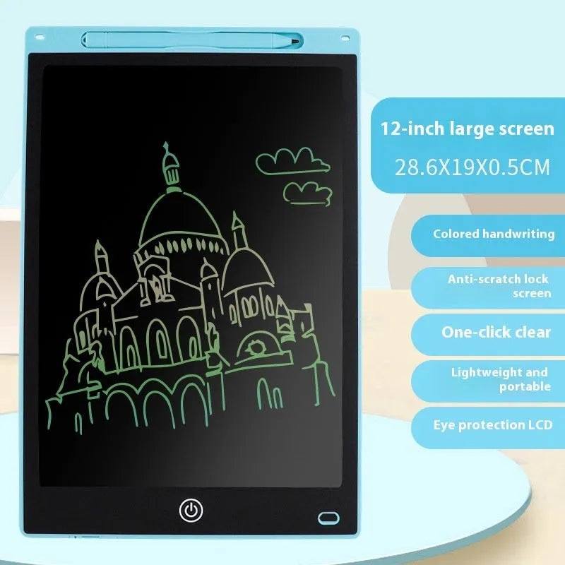 LCD drawing tablet for kids in light blue, showing colourful lines drawn with a plastic stylus.