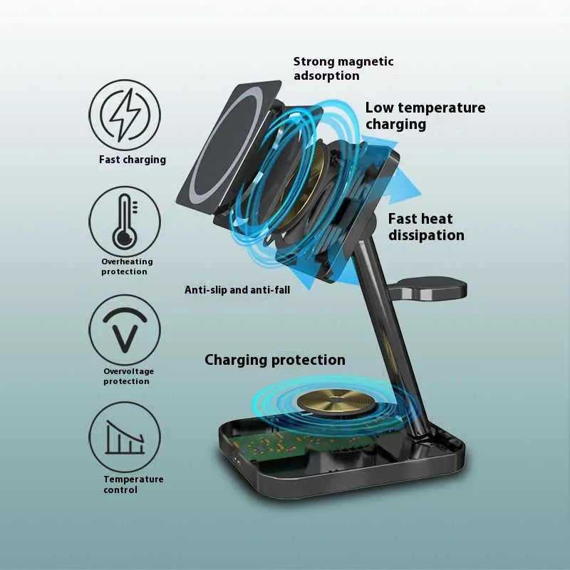 Desktop three-in-one magnetic 15W wireless charger bracket with Type-C interface for phone charging
