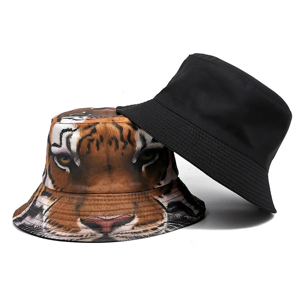 Retro tiger pattern bucket hat with dome crown, polyester, size M 56-58cm, in khaki and black tiger colours