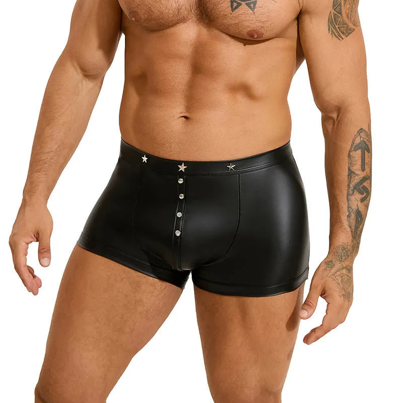 Black PU leather men's boxer shorts with U pouch design on size chart