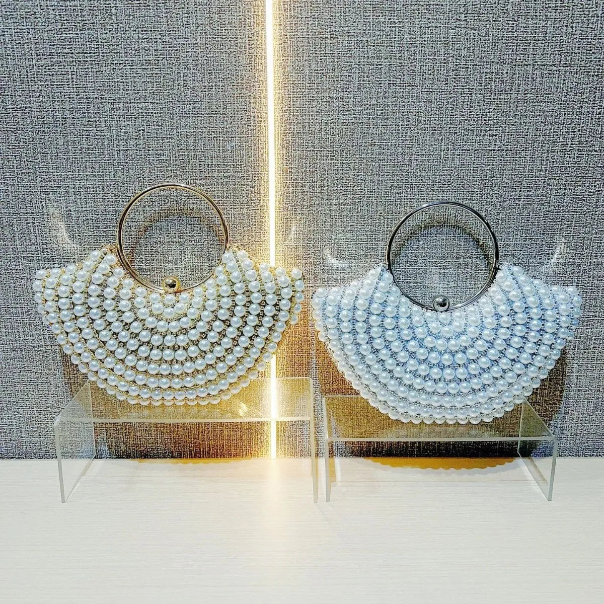Gold and silver polyester crossbody handbag with diamond detail and hard pillow shape