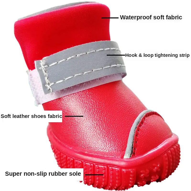 Red and coffee PU waterproof rain boots for small dogs with non-slip sole, available in sizes 1-5