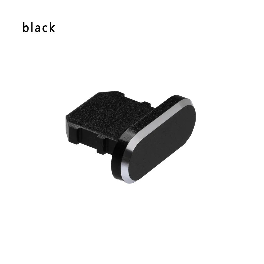 Aluminium alloy charging port dust plug for iPhone in various colours including gold, black, and rose gold.