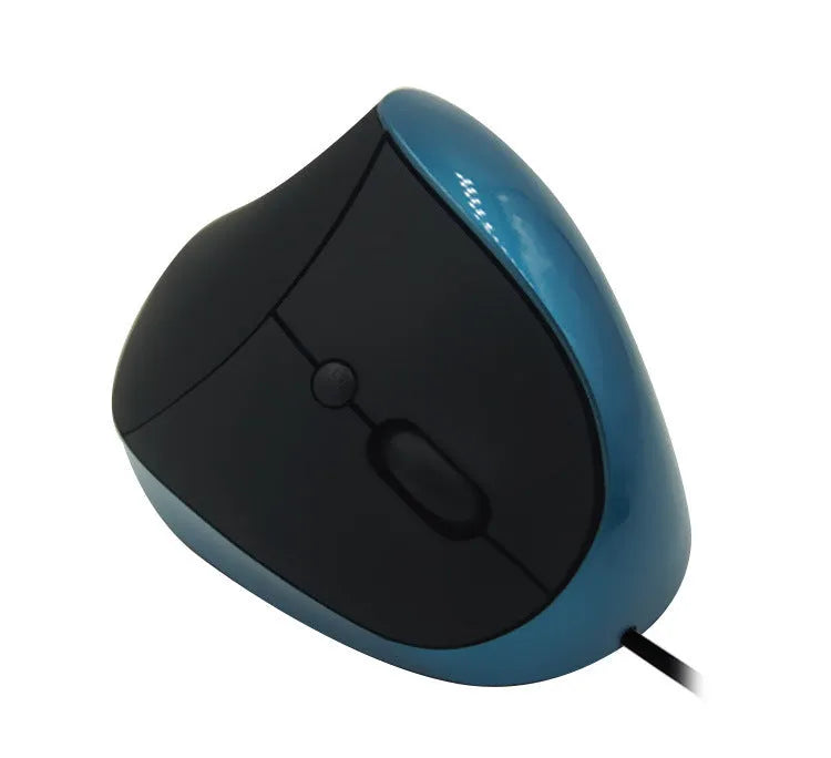 Ergonomic vertical wired computer mouse in multiple colour options on a desk