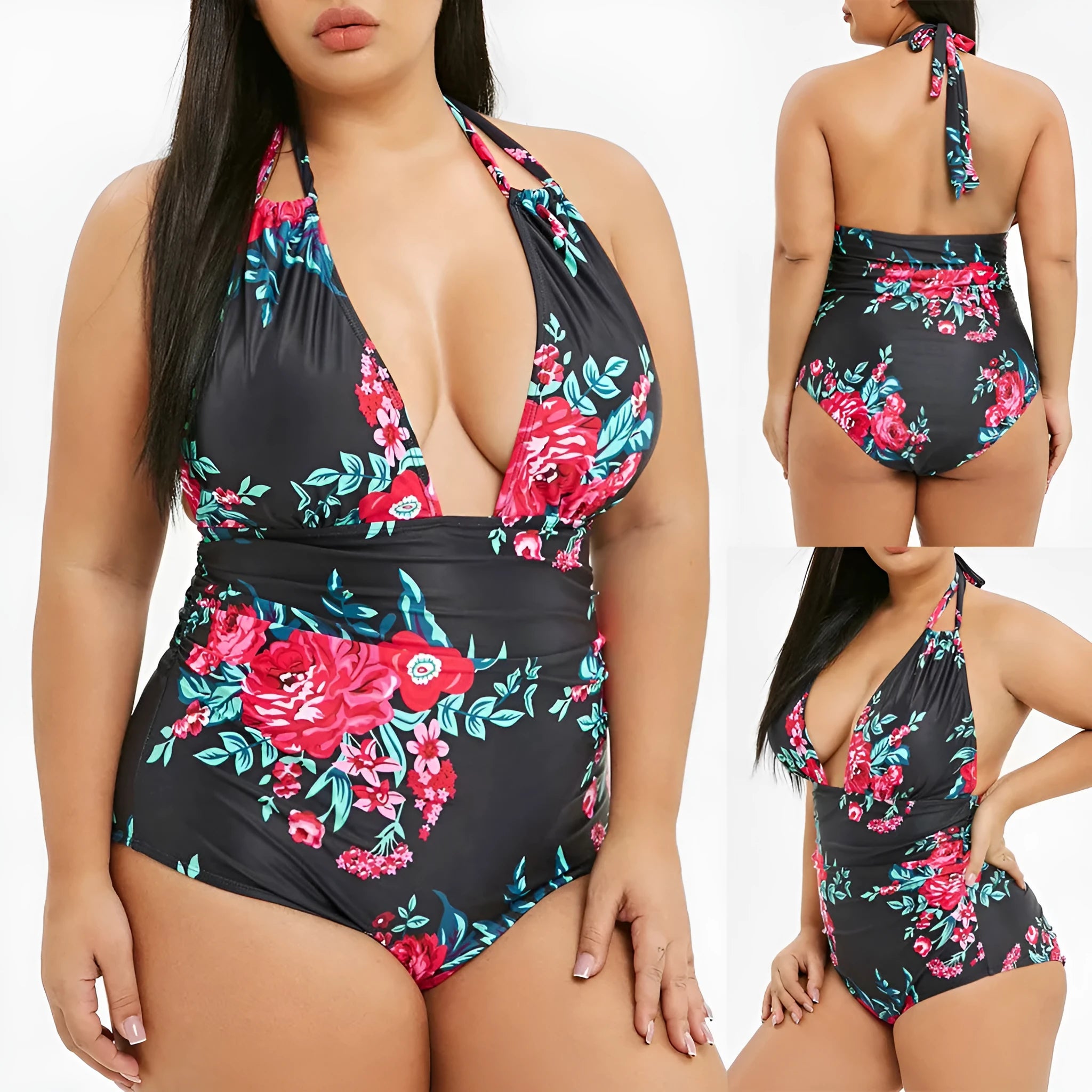 Printed black one-piece swimsuit made from polyester fibre, full coverage design, available in sizes XL to 5XL