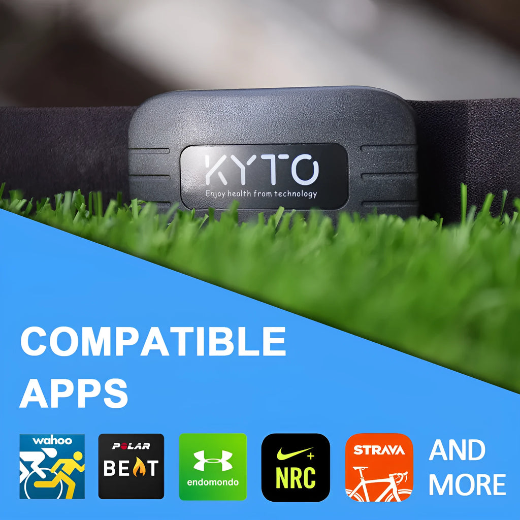 Black heart rate monitor chest strap with Bluetooth 4.0 and ANT+ for fitness use, adjustable elastic band and compact transmitter