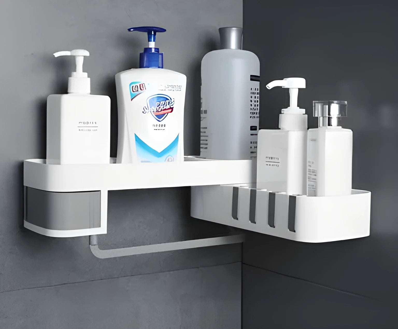 White and grey retro style bathroom corner shelf with suction wall mounting
