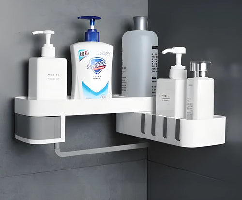 White and grey retro style bathroom corner shelf with suction wall mounting