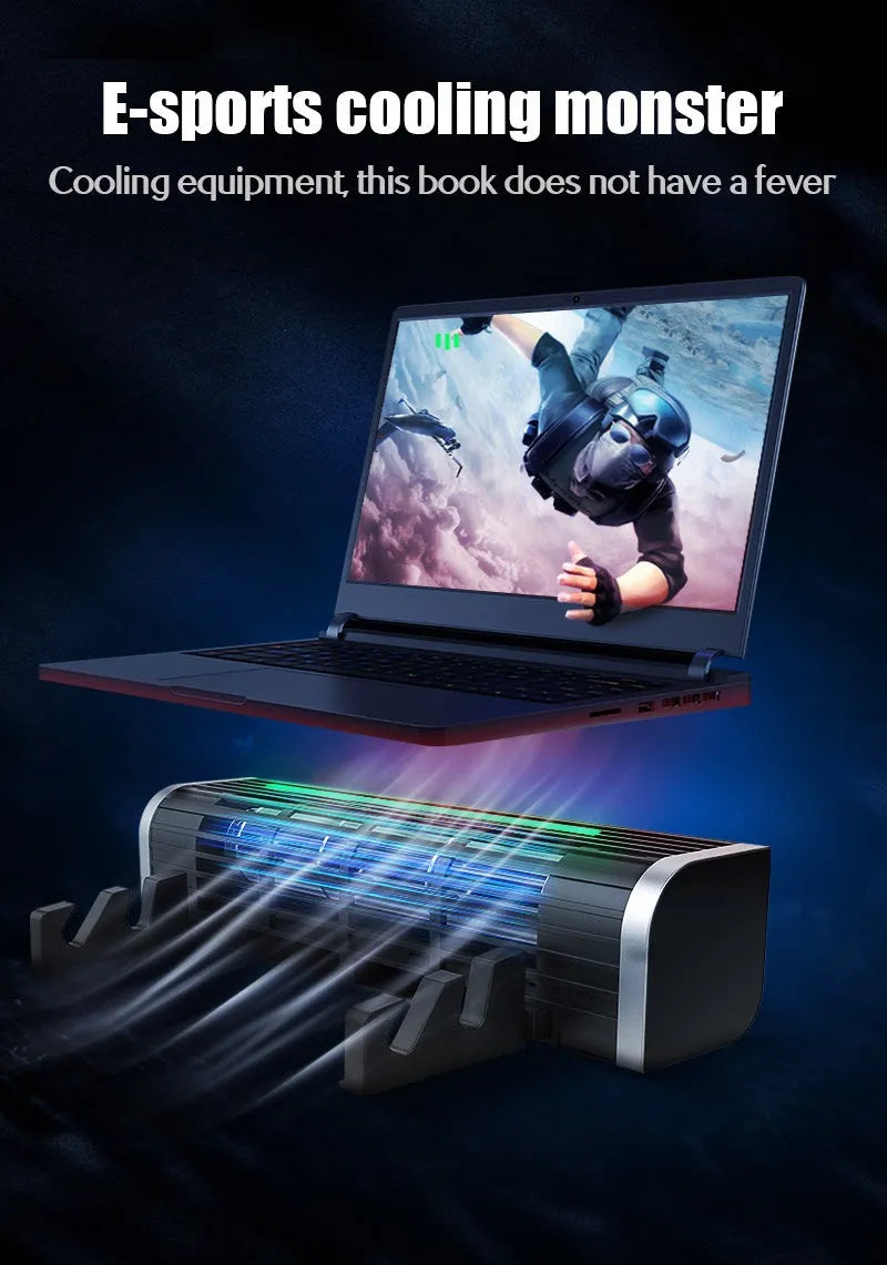 Black laptop cooling pad with dual fans, adjustable tilt, and USB cable.