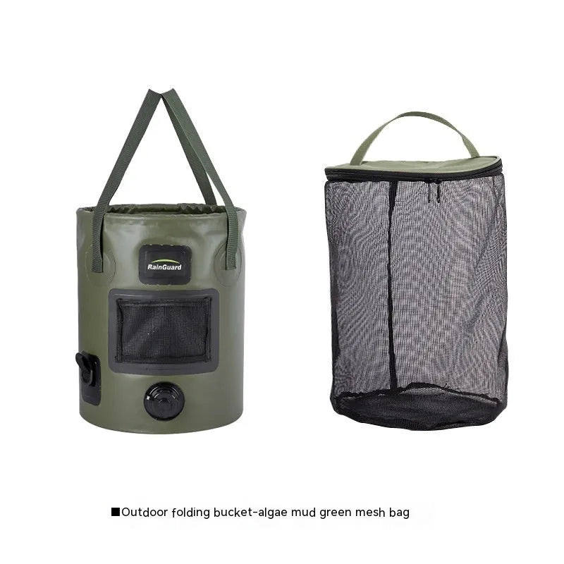 25-litre folding plastic outdoor fishing bucket shown in lemon yellow colour with optional built-in mesh net pocket