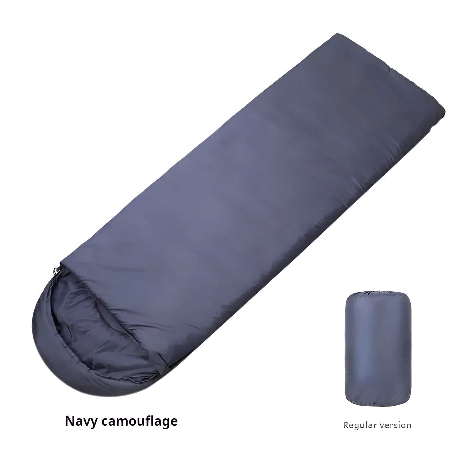 Navy blue envelope-style sleeping bag for adult camping and outdoor use