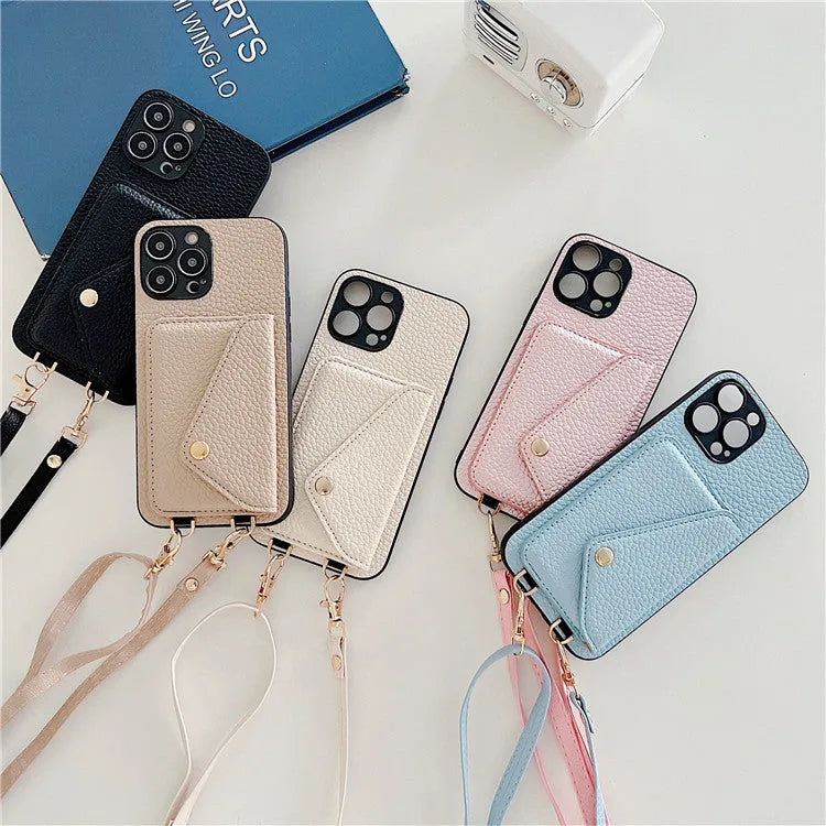 Lychee pattern card holder phone case in black with diagonal card slot and long rope