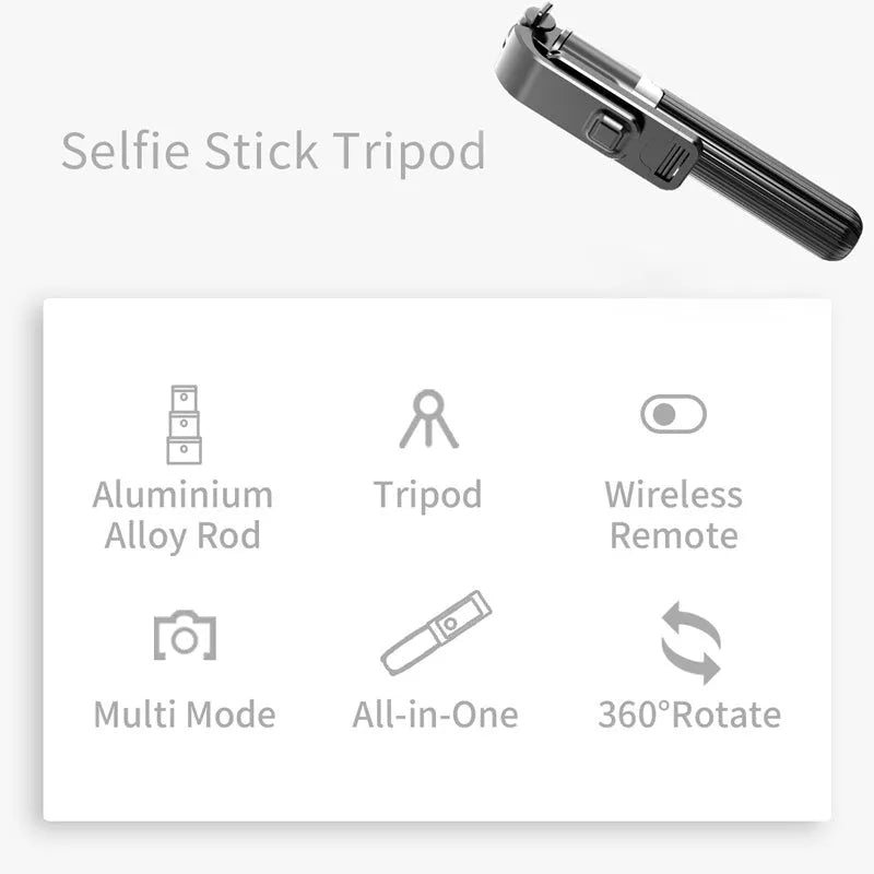 Black adjustable tripod selfie stick extended to full height with iPhone mounted