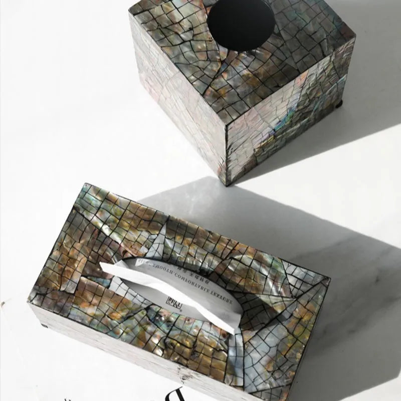 Modern minimalist rectangular shell storage box with removable organiser for tissues and small items.