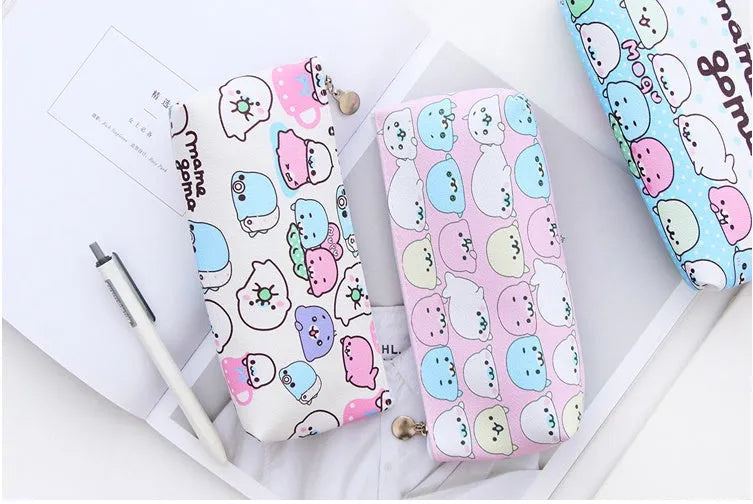 Blue triangle stationery bag with cartoon pattern and zipper closure