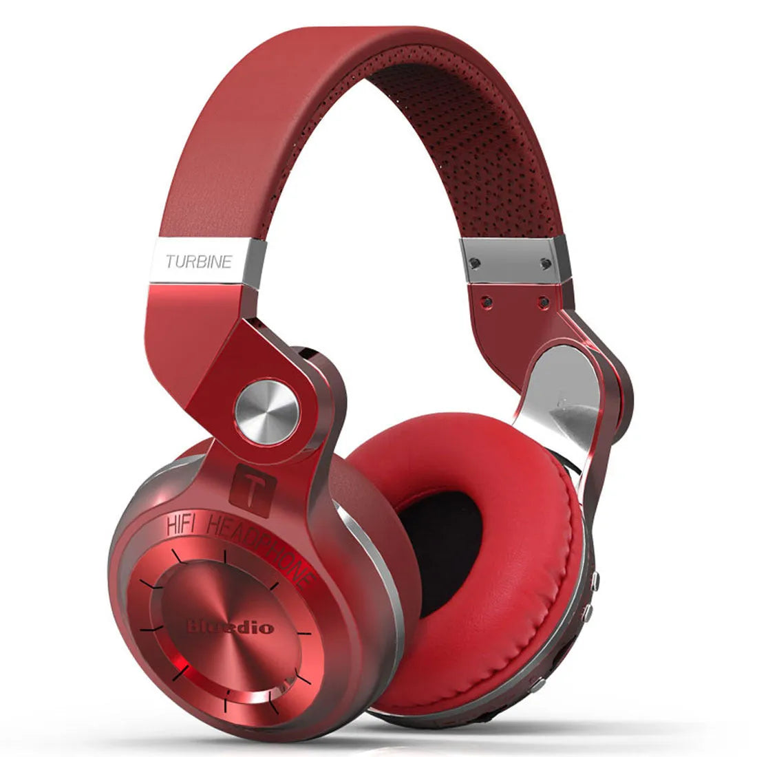 Black Bluetooth over-ear headset with an in-line subwoofer unit on the cable.