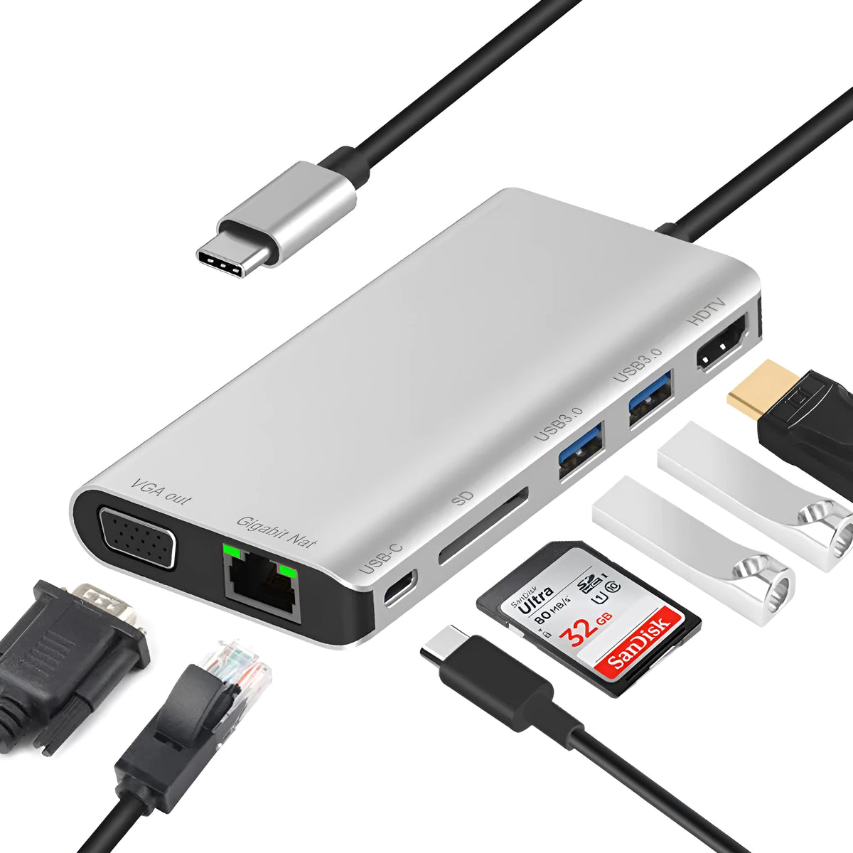 Type-C docking station OT-9591B with USB 3.0, HDMI, Ethernet and SD card reader ports