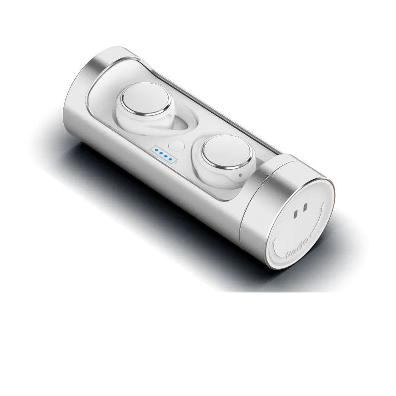 Single-ear Bluetooth 5.0 wireless headset with charging case, shown in dark grey, red, and silver colour options.