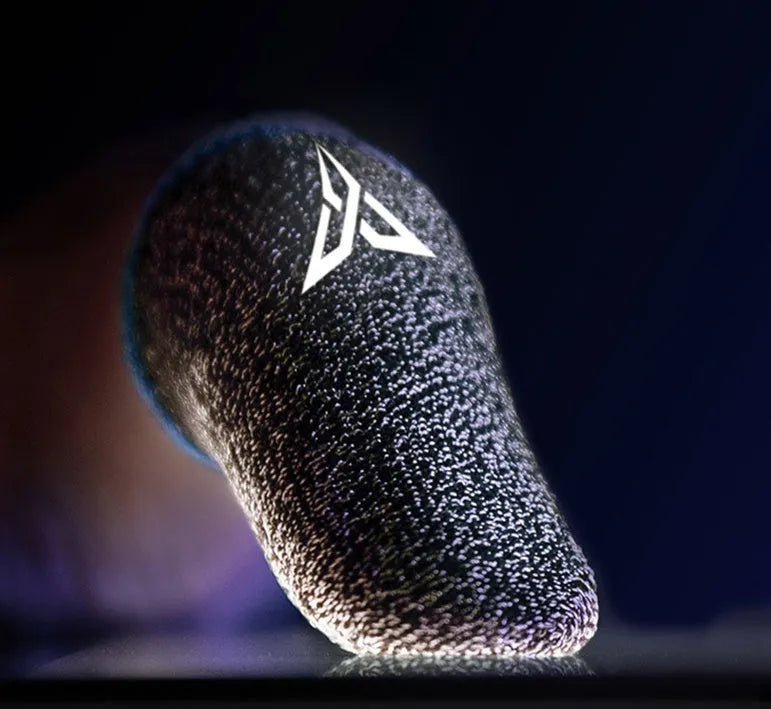 Green gaming thumb sleeve with a reflective logo, made from silver fibre yarn for sweat absorption.