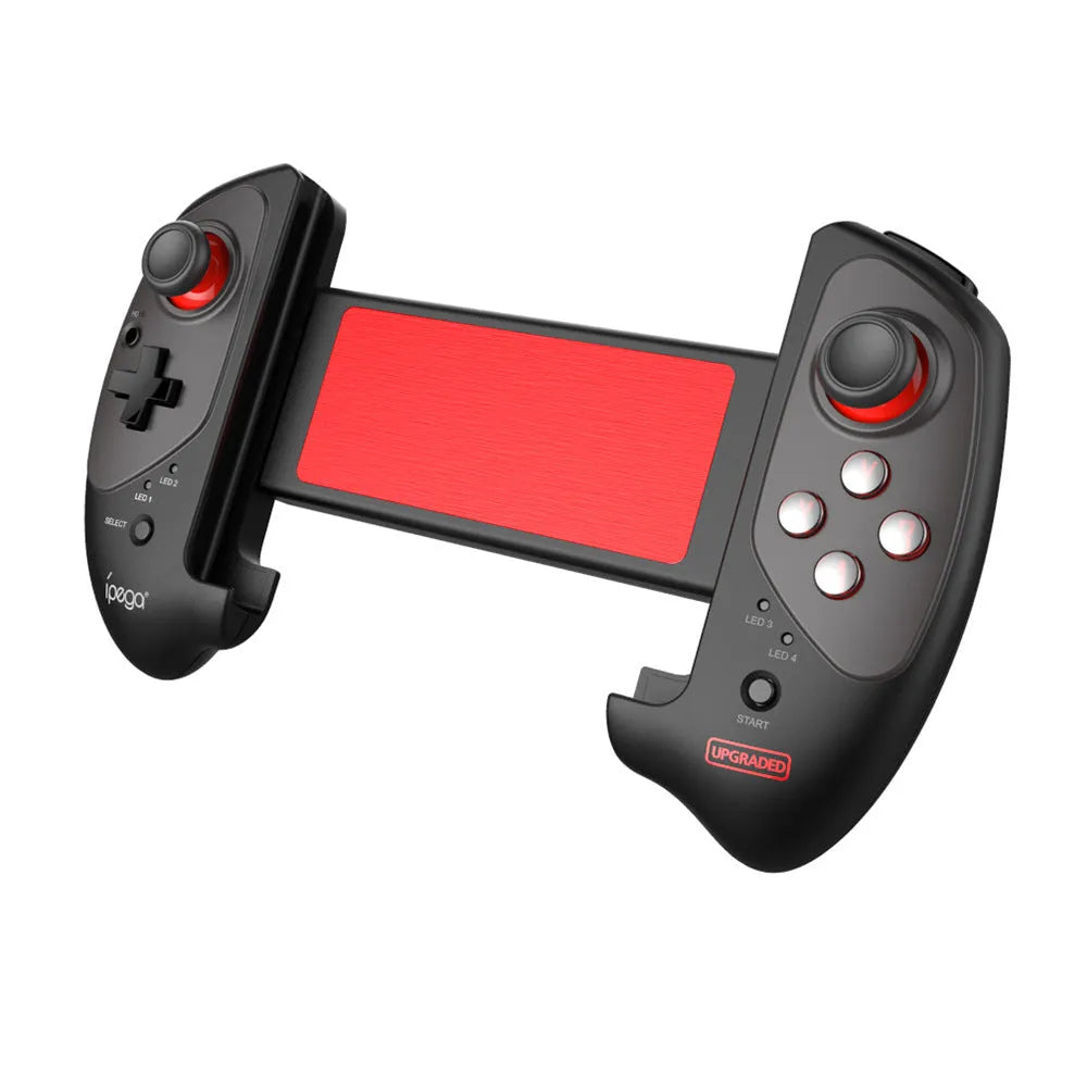 Red telescopic gamepad controller with Bluetooth for mobile devices and USB for PC gaming