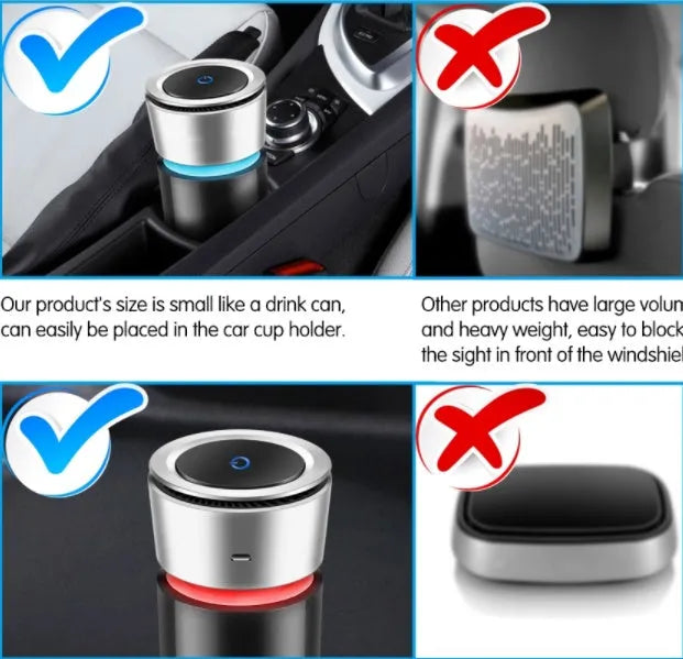 USB negative ion car air purifier in grey, compact 75x75x165mm size on a desk