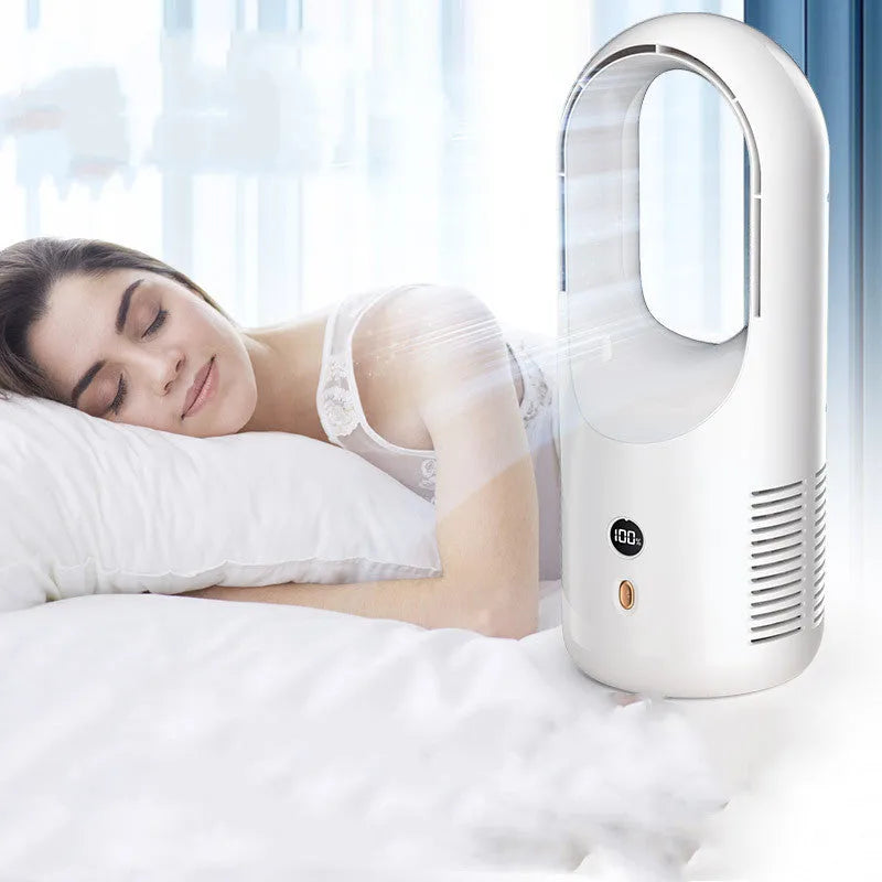 X28 bladeless desk fan showing LED display and 360-degree vent, with USB charging cable.