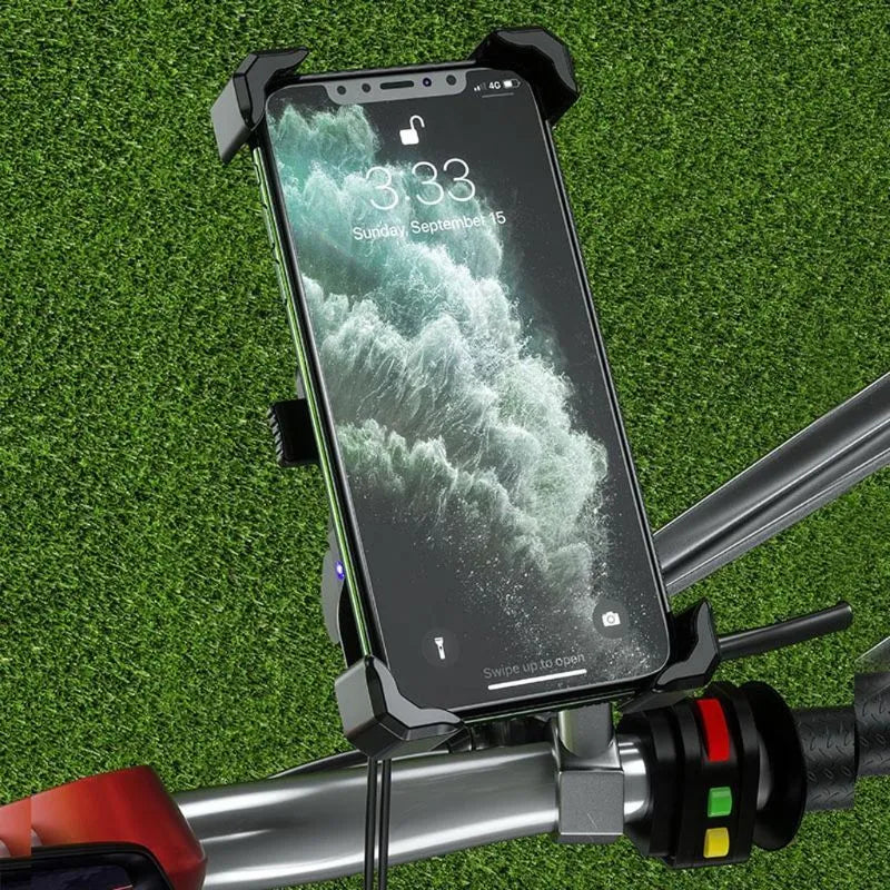 Black plastic motorcycle handlebar phone holder with wireless charging dock for 3.5-6.5 inch smartphones