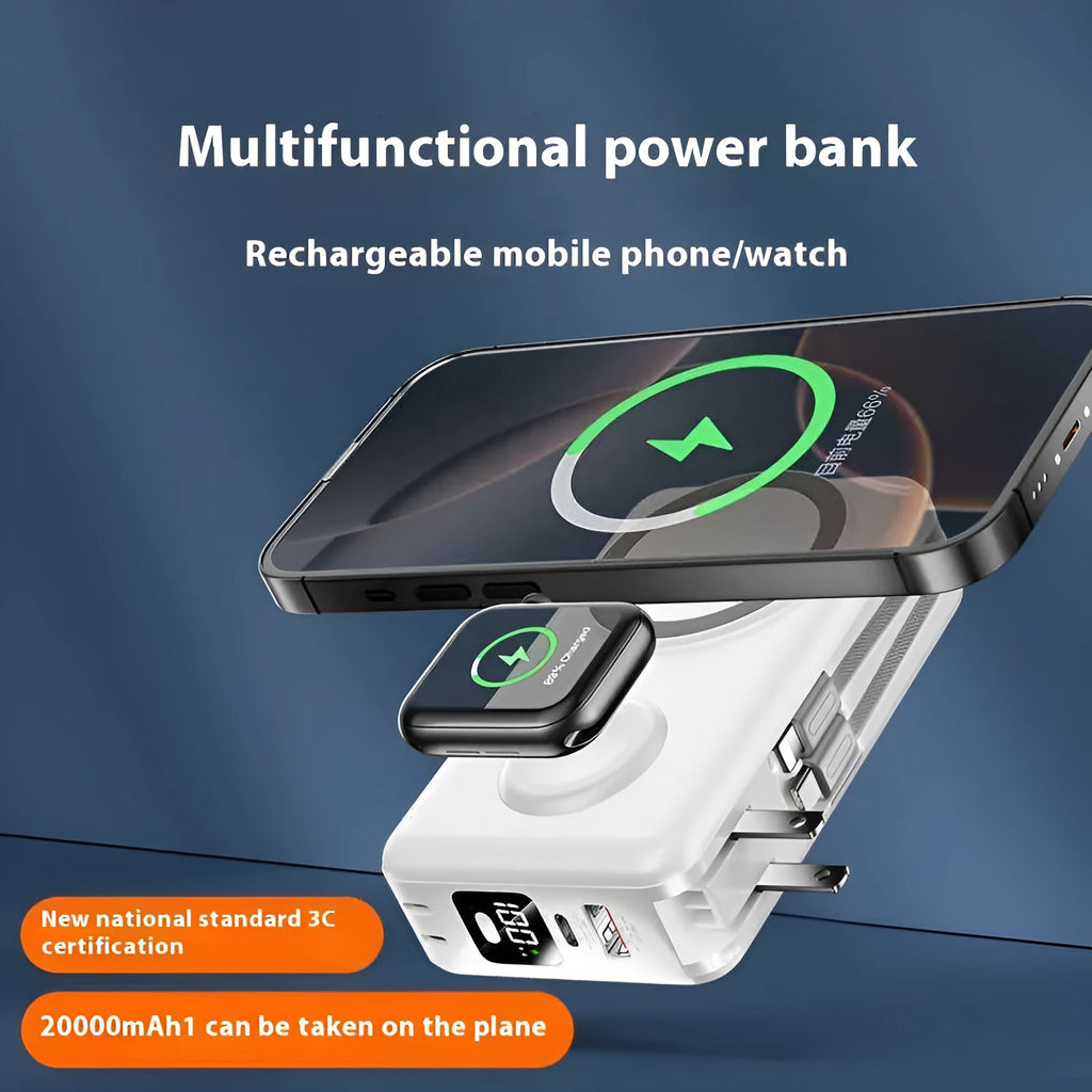 30W two-in-one power bank with plug cord, wireless pad, and nylon cable in black